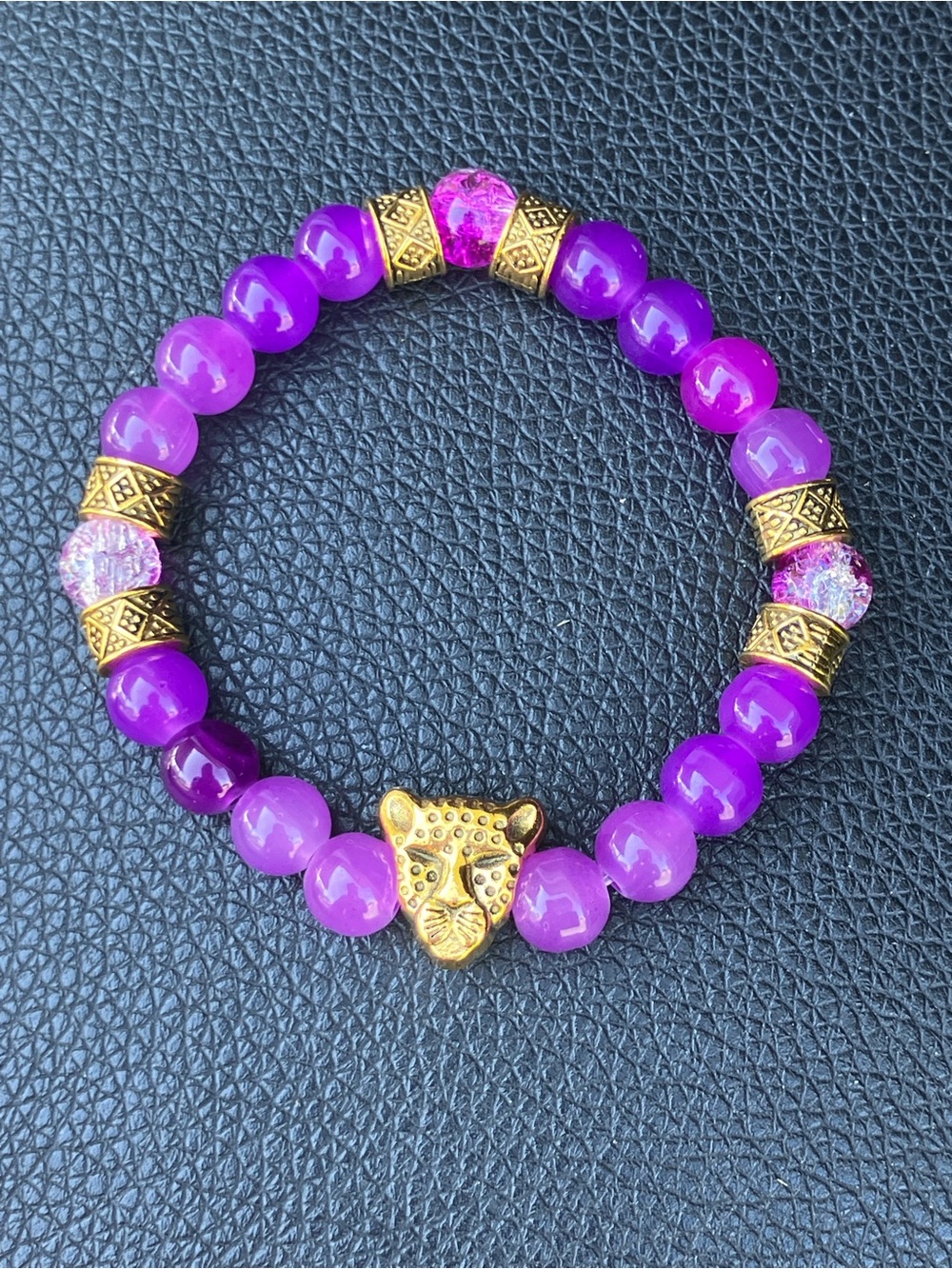 Purple and gold cheetah and glass beaded bracelet